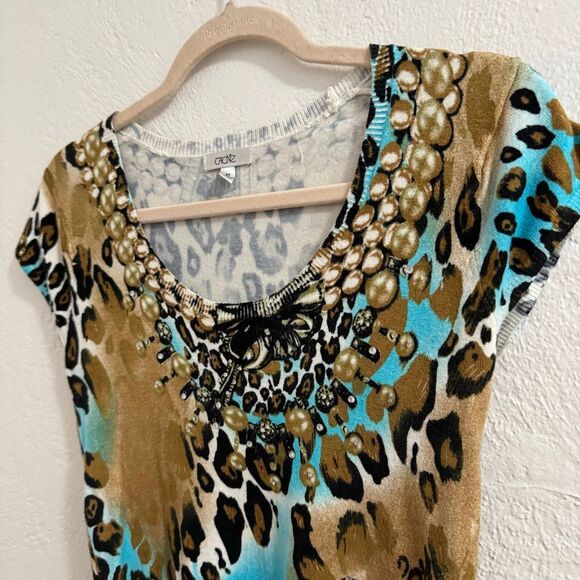 Caché Short Sleeve Knit Mixed Pattern Animal Print Cap Sleeve 2010s Shirt M - Picture 2 of 5